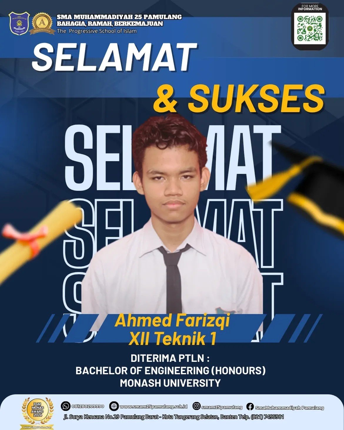Banggakan Sekolah, Siswa SMAMDuma Ahmed Farizqi Diterima di Monash University Australia